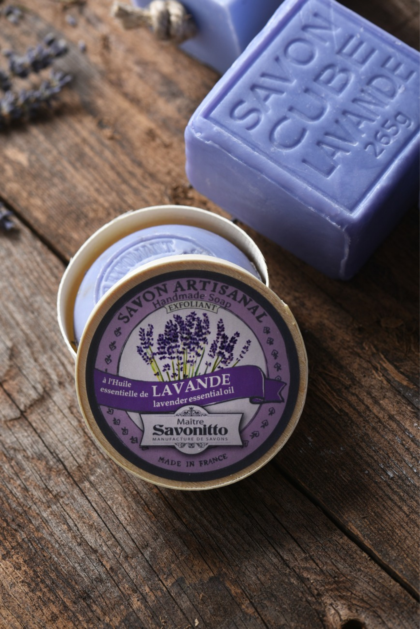 Lavendel-Peelingseife in Holzkiste 100g
